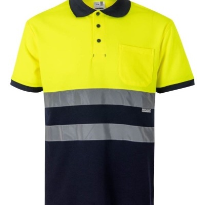 Polo de trabalho amarelo fluorescente com faixas refletoras cinzentas e azul escuro