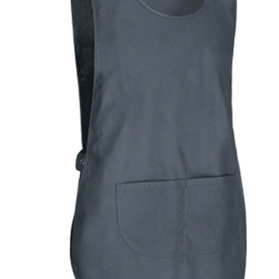 Avental cinzento escuro com bolso frontal e gola redonda