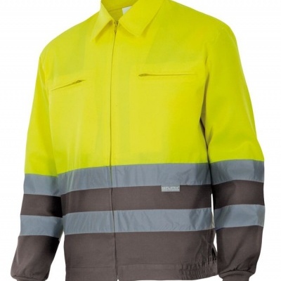 Casaco de segurança amarelo fluorescente com faixas refletoras cinzentas e castanhas