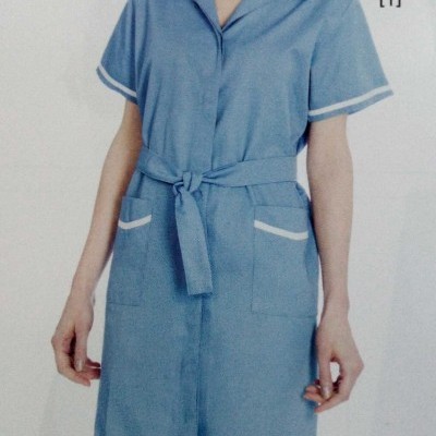Vestido azul claro com gola, cintado e detalhes brancos