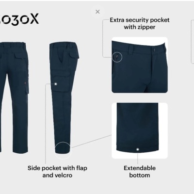 Calças de trabalho azul escuro com vários bolsos e funcionalidade