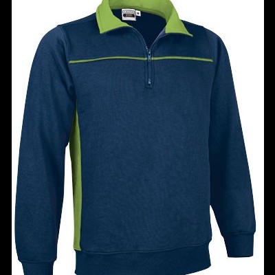 Sweatshirt azul escuro com detalhes verdes e fecho até ao peito