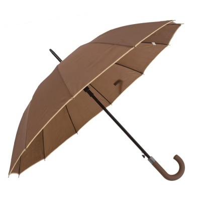 Guarda-chuva castanho aberto com estrutura preta e cabo curvo castanho