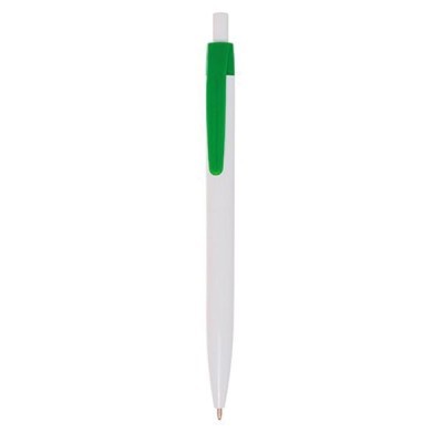 Caneta esferográfica branca com clip e botão verde