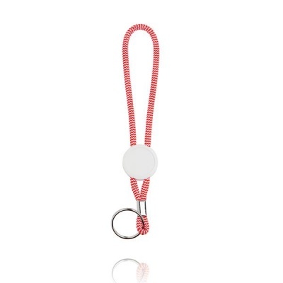 Chaveiro com cordão vermelho e branco e disco branco circular