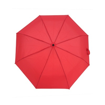 Guarda-chuva vermelho aberto com oito gomos e estrutura preta central