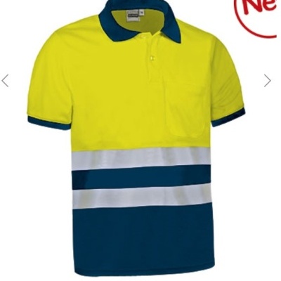 Polo de trabalho amarelo e azul com faixas refletoras e bolso no peito