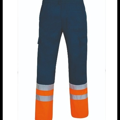 Calças de trabalho azul escuro com faixas refletoras e parte inferior laranja