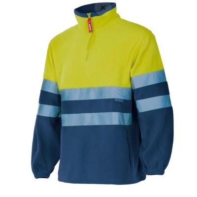 Camisola de trabalho amarela fluorescente e azul escuro com faixas refletoras.