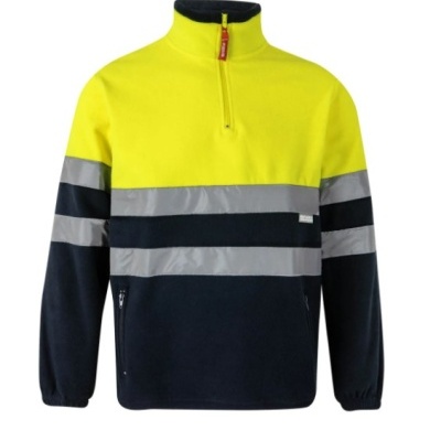 Camisola polar amarela e azul escuro com faixas reflexivas cinzentas e fechos de correr.