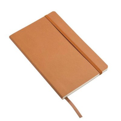 Caderno castanho com elástico e marcador