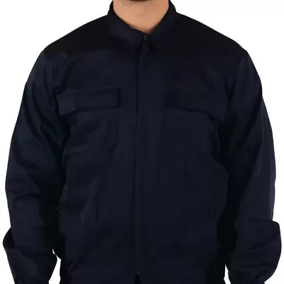 Casaco de trabalho azul escuro com fecho frontal e bolsos no peito