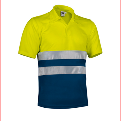 Polo amarelo fluorescente com faixa refletora e parte inferior azul