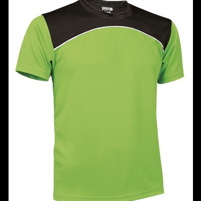 T-shirt desportiva verde com parte superior preta e linha branca curva