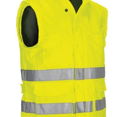 Colete de segurança amarelo com faixas refletoras e vários bolsos