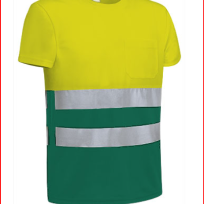 T-shirt de alta visibilidade amarelo e verde com faixas refletoras e bolso