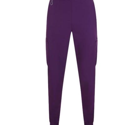 Calças desportivas roxas com cintura elástica e cordão branco
