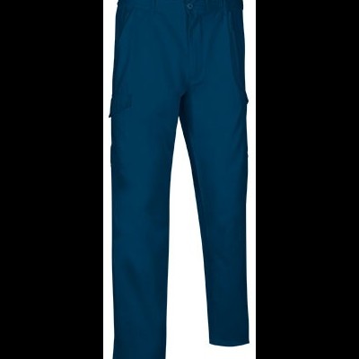 Calças azuis escuras com cinto elástico e botão frontal