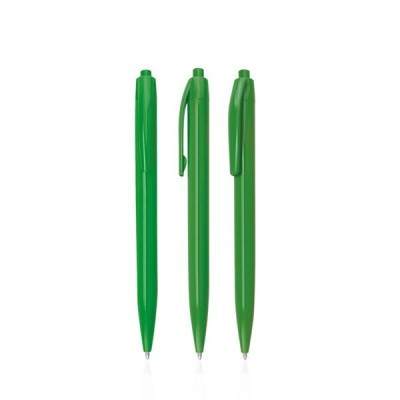Três canetas esferográficas verdes alinhadas verticalmente em fundo branco