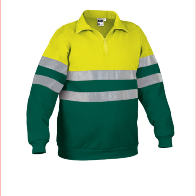 Sweatshirt bicolor amarelo e verde com faixas refletoras prateadas e fecho curto na gola
