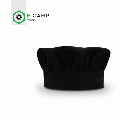 Touca de cozinheiro preta em tecido com faixa larga na base e dobra superior franzida