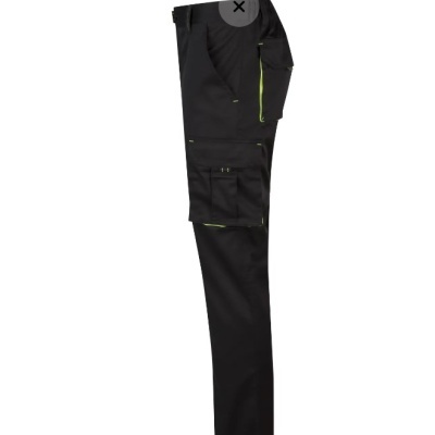 Calças de trabalho pretas com bolsos e detalhes amarelos
