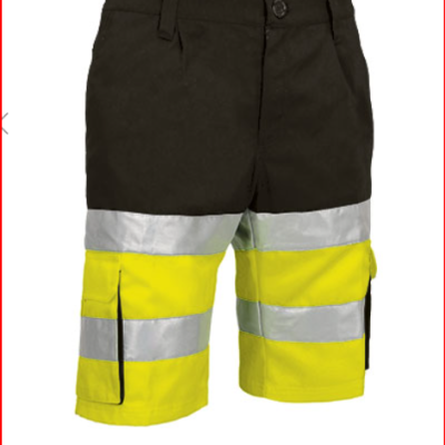 Calções de trabalho preto e amarelo com faixas refletoras prateadas