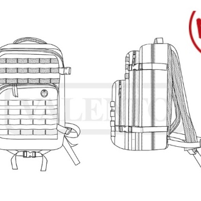 Mochila branca em tecido com tiras horizontais e verticais, vista frontal e lateral