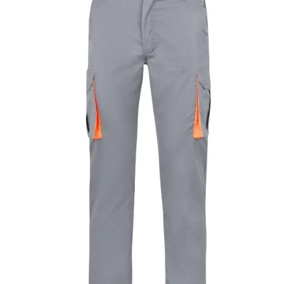 Calças cinza claras com detalhes laranja fluorescente