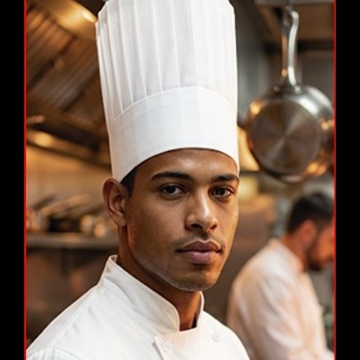 Chef de cozinha com uniforme branco e chapéu alto branco em cozinha profissional