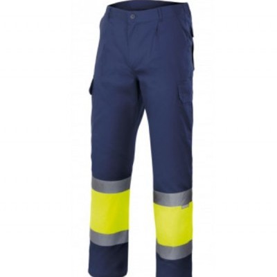 Calças de trabalho azul escuro com faixas refletoras amarelas e cinzentas