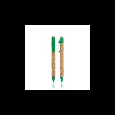 Dois esferográficos com cortiça e verde sobre fundo branco