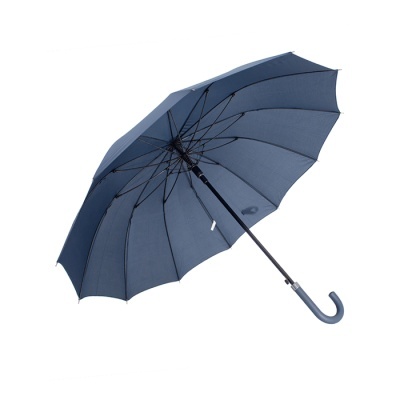 Guarda-chuva azul escuro com cabo curvo preto aberto