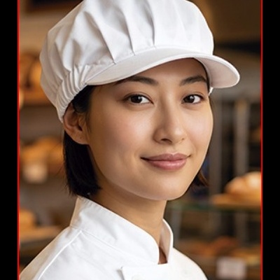 Mulher com uniforme branco de chef e chapéu branco em padaria