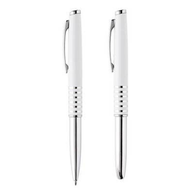 Duas esferográficas brancas com detalhes metálicos