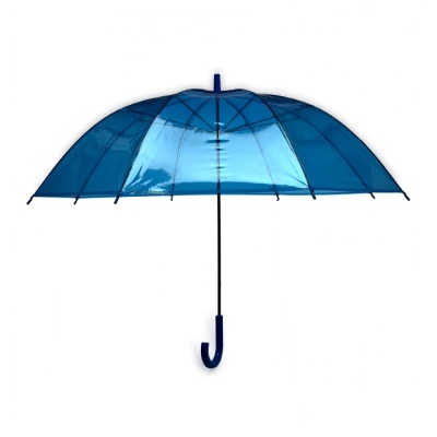 Guarda-chuva azul translúcido com estrutura preta e punho em gancho