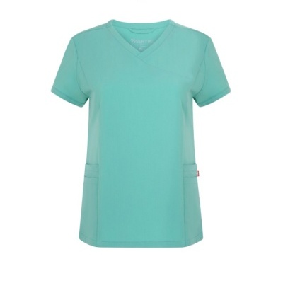Camisola médica verde água de manga curta com gola em V cruzada e bolsos frontais
