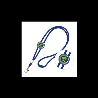 Fita azul com pendente redondo branco e azul com logótipo ECO