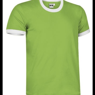 Camiseta verde com gola e punhos brancos.