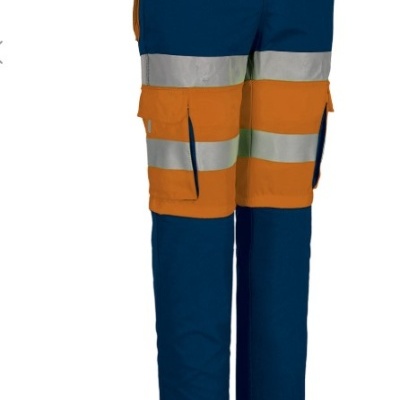Calças de trabalho azul escuro e laranja com faixas reflexivas