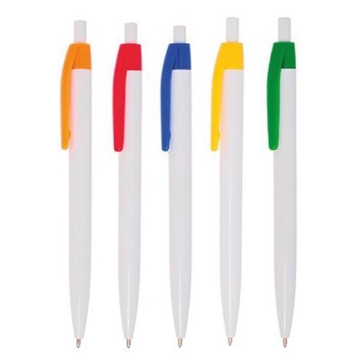 Cinco esferográficas brancas com clipes coloridos