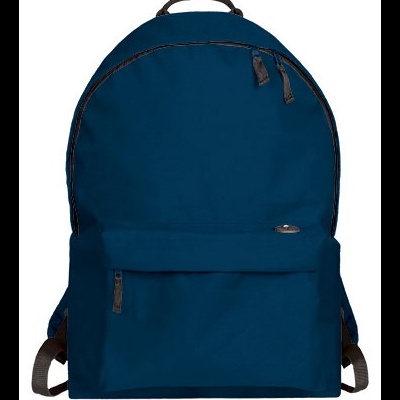 Mochila azul escuro com bolso frontal e fechos pretos