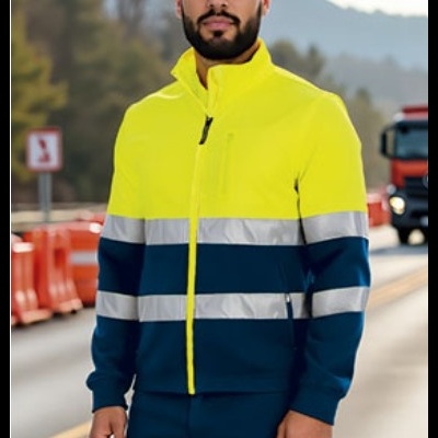 Homem com casaco de proteção amarelo fluorescente e azul escuro com bandas refletoras numa estrada