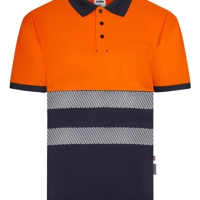Polo de manga curta laranja e azul escuro com faixas refletoras e bolso