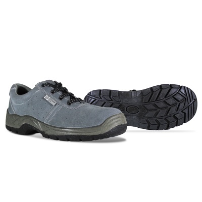 Sapatos de segurança cinza em camurça com sola preta antiderrapante