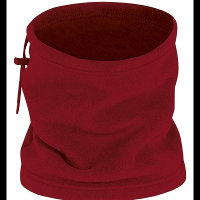 Cachecol tubular vermelho em tecido polar com cordão ajustável.