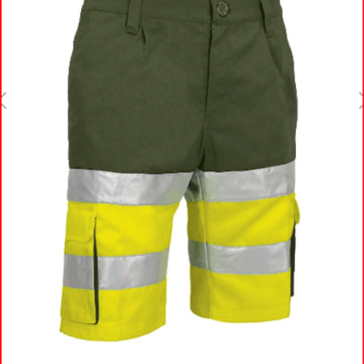 Calções bicolor verde-oliva e amarelo com faixas refletoras cinza e bolsos laterais