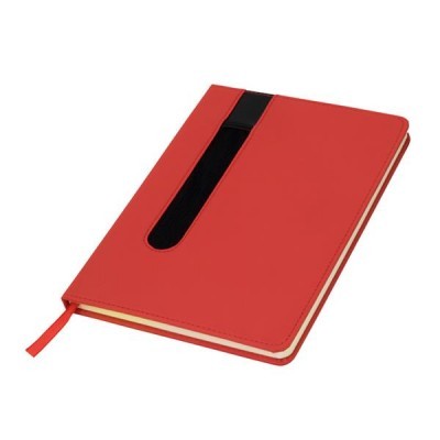 Caderno vermelho capa dura com recorte preto e marcador de fita