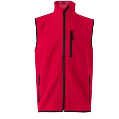 Colete vermelho com fecho de correr preto e bolsos com fecho