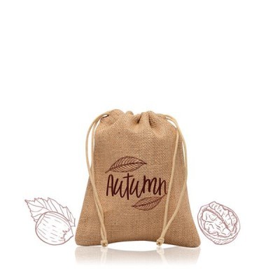 Saco de juta castanho claro com texto 'Autumn' e folhas desenhadas